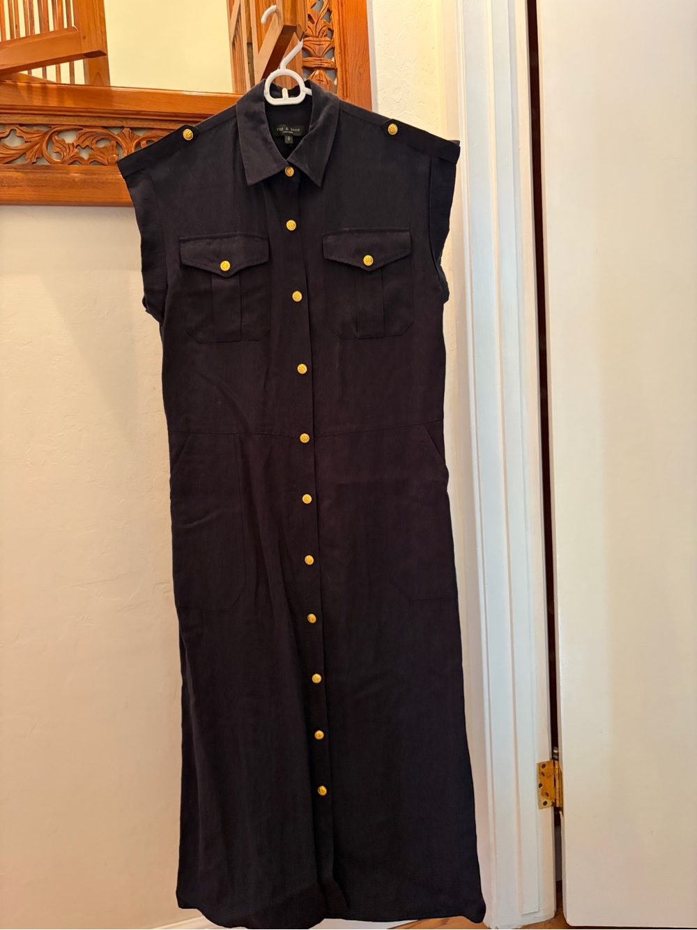 Sleeveless Navy Button-Front Shirt Dress with Gold Buttons rag&bone